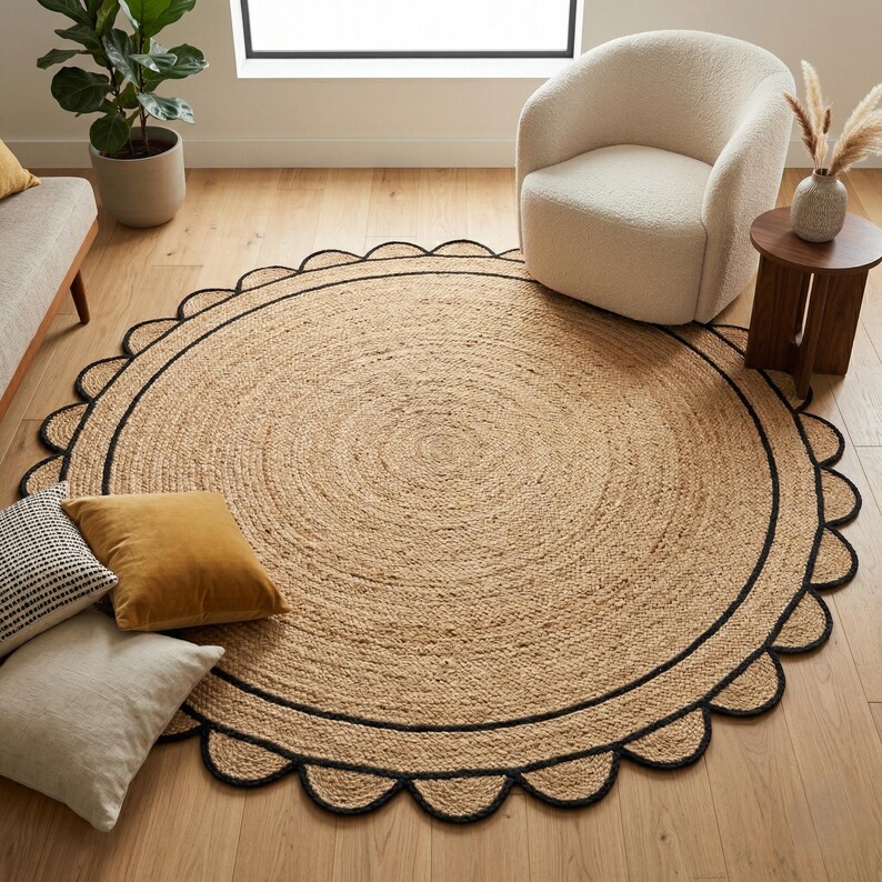 May include: A round jute rug with a scalloped black border. The rug is a natural tan color and has a spiral design. The rug is on a hardwood floor, with a chair, side table, and pillows in the background.