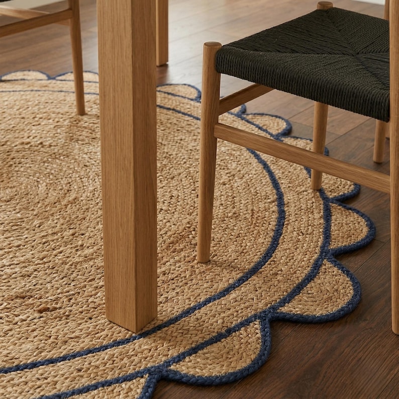 May include: A round jute rug with a scalloped edge and a navy blue border. The rug is partially visible under a wooden table and chair, showcasing a natural, textured design suitable for home decor.