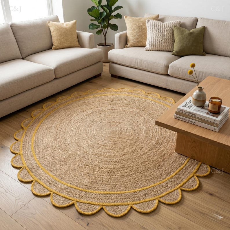 May include: A round jute rug with a scalloped yellow border. The rug is placed on a hardwood floor in a living room setting, with beige sofas and decorative pillows in the background. The rug's diameter is approximately 60 inches.