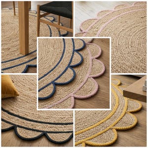 May include: A collage of jute rugs with scalloped edges. The rugs are in various colors, including natural, blue, pink, and yellow. The rugs are round and have a woven texture. The rugs are placed on a wooden floor.
