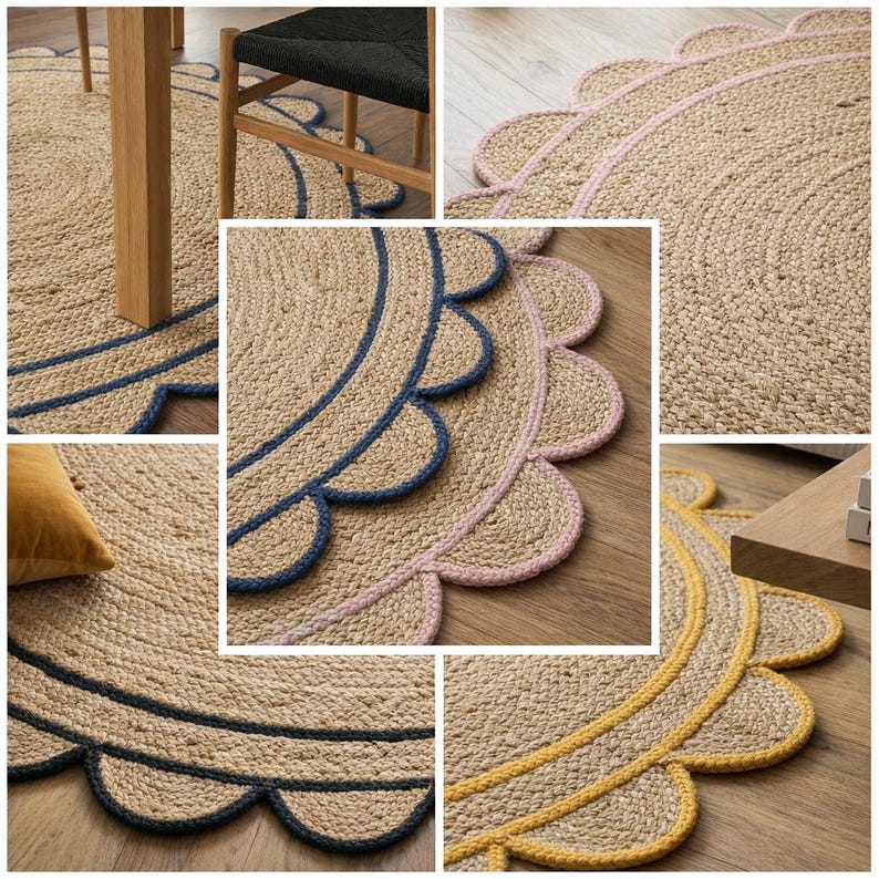 May include: A collage of jute rugs with scalloped edges. The rugs are in various colors, including natural, blue, pink, and yellow. The rugs are round and have a woven texture. The rugs are placed on a wooden floor.