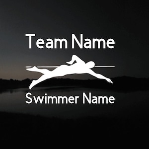 May include: A white silhouette of a swimmer in the freestyle stroke, with the text "Team Name" above and "Swimmer Name" below.