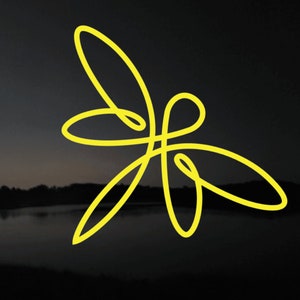 May include: A yellow abstract design resembling a butterfly with four wings, against a dark background.