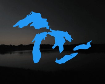 May include: A blue silhouette of the Great Lakes on a dark background.
