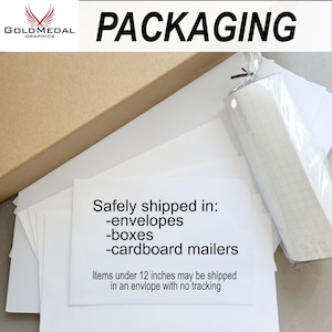 Op de afbeelding: Een verzameling verpakkingsmaterialen, waaronder een bruine kartonnen doos, een stapel witte enveloppen en een rol doorzichtige transfertape met een ruitpatroon. De tekst op het witte papier luidt: Safely shipped in: envelopes, boxes, cardboard mailers. Items under 30.48 cm may be shipped in an envelope with no tracking.