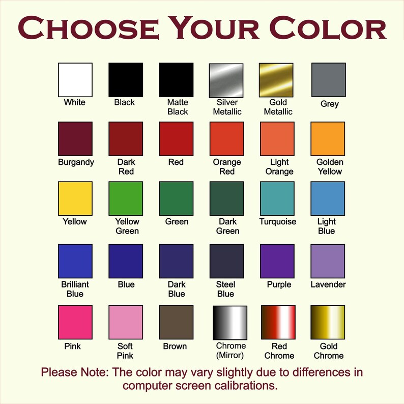 Op de afbeelding: Een kleurenkaart met de titel CHOOSE YOUR COLOR met dertig individuele kleurstalen in een raster. Elk vierkant toont een specifieke tint of metallic afwerking met de bijbehorende naam eronder gedrukt in zwarte letters.