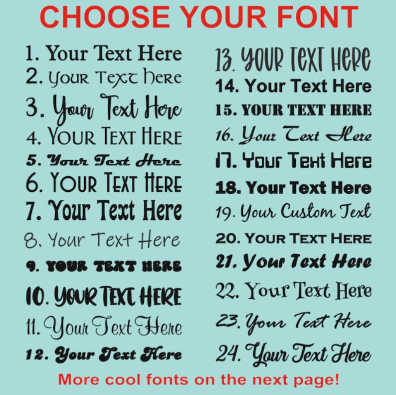 Op de afbeelding: Een lichtblauwe kaart met vierentwintig genummerde lettertypeopties in zwarte tekst. De koptekst luidt CHOOSE YOUR FONT in het rood en de voettekst luidt More cool fonts on the next page! in het rood. Elke regel toont de tekst Your Text Here.