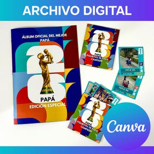 Może przedstawiać: Zestaw przedmiotów z napisami "PAPÁ" i "FIGURITAS DE PAPÁ CAMPEÓN". Przedmioty obejmują album, karty i ilustrację trofeum. Album nosi tytuł "ÁLBUM OFICIAL DEL MEJOR PAPÁ" i "EDICIÓN ESPECIAL". Obraz ma niebiesko-białe gradientowe tło.