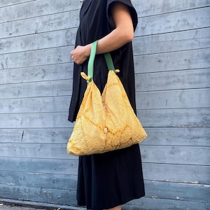 Chic Upcycled Silk Azuma Bag -Japanese Furoshiki Style with Leather Handle&quot; Gift For Her, Gift for Mother,Japanese style bag,Shibori Pattern