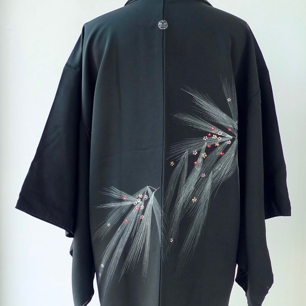 Vintage Haori, Silk short kimono, Coat, Jacket, Robe, black pine needle