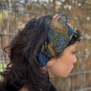 Adjustable Silk & Wool Kimono Headband: Japanese Hair Art Floral Navy