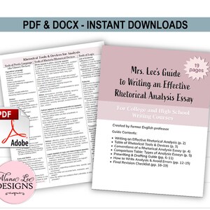 Op de afbeelding: Een roze en witte digitale downloadgids voor het schrijven van een effectief retorisch analyse-essay. De gids is getiteld "Mrs. Lee's Guide to Writing an Effective Rhetorical Analysis Essay" en is bedoeld voor college- en middelbare school-schrijflessen. De gids bevat 19 pagina's met inhoud, waaronder het schrijven van een effectieve retorische analyse, een tabel met retorische hulpmiddelen en apparaten, conventies van een retorisch analyse-essay, een vergelijkingstabel met soorten analyse-essays, een gids voor voor- en ontwerp, hoe je een analyse schrijft en fouten vermijdt, en een checklist voor de laatste revisie.