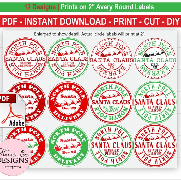 Printable Official Christmas North Pole Post Office Gift Tags from Santa Claus, 13 Stamp Designs, 2" round labels or 5160 labels, Download