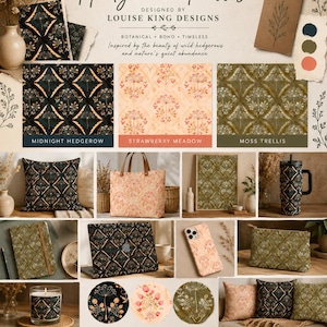 May include: A collection of home decor items featuring the Hedgerow Trellis pattern by Louise King Designs. The display includes cushions, a tote bag, a framed print, a tumbler, a notebook, a laptop skin, a phone case, a pouch, and a candle.