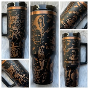 Horror Theme 40 oz engraved tumbler~ Scary Movie lover gift~ Insulated hot and cold 40 oz Tumbler ~Custom Engraved Tumbler~