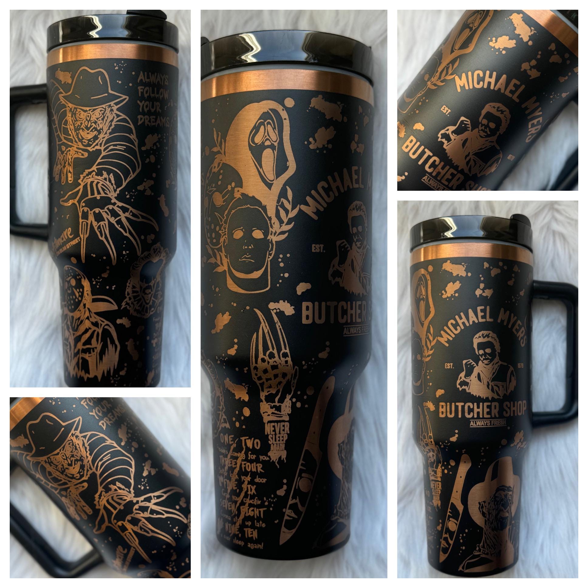 Horror Theme 40 oz engraved tumbler~ Scary Movie lover gift~ Insulated hot and cold 40 oz Tumbler ~Custom Engraved Tumbler~