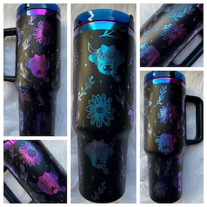 Highland Cow  oz engraved tumbler~ Cow lover gift~ Insulated hot and cold 40 oz Tumbler ~Custom Engraved Tumbler~ Black Chroma