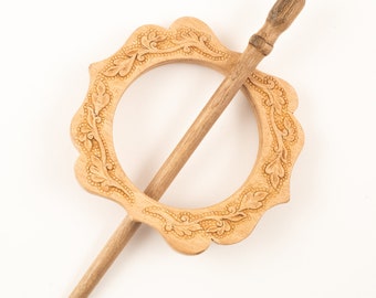 Hand Carved Ornamental Round Wooden Barrettes Hair Stick