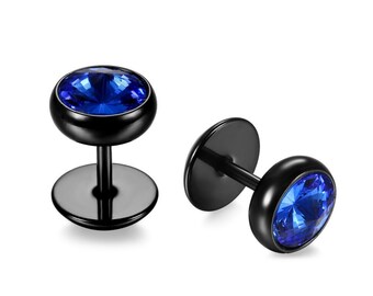 Barbell Round Stud Earrings, Blue Stone, for Men,  3 Colors