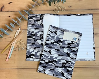 Environmentally friendly school book cover - grey camouflage design