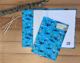 Environmentally friendly school book cover - blue sharks and whales design