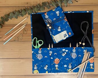 Eco-friendly, plastic-free pencil case - blue ballooning pandas design