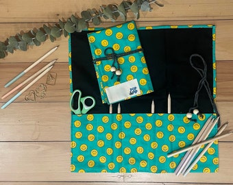 Eco-friendly, plastic-free pencil case - teal smiley face design