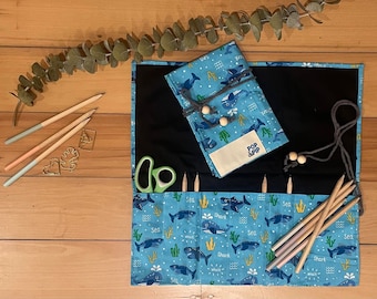 Eco-friendly, plastic-free pencil case - blue whales and sharks design