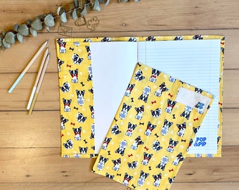 Environmentally friendly school book cover - yellow frenchie bulldogs