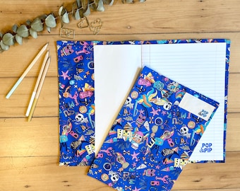Environmentally friendly school book cover - Blue funky skeletons