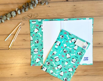 Environmentally friendly school book cover - teal doggies