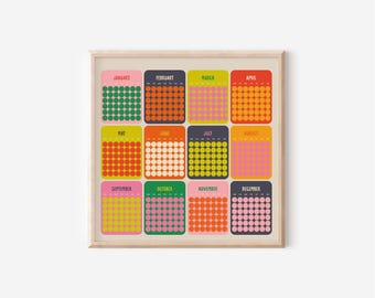 日付なしカレンダー、スクエア型壁掛けプランナー、月表示ブロック、レトロプランナー、28 x 28インチ、70 x 70 cm