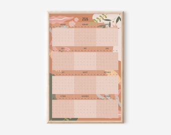 2026 Calendar-Year, Vertical Wall Planner,  Months in Blocks, Floral Pink Planner, 24x36 inches, 61x91.5 cm