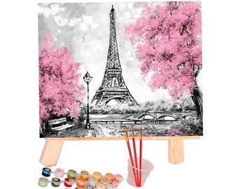 YEESAM ART Malen Nach Zahlen – Eiffelturm Mit Rosa Blumen, 40x50 Cm, Acrylfarben & Leinwand