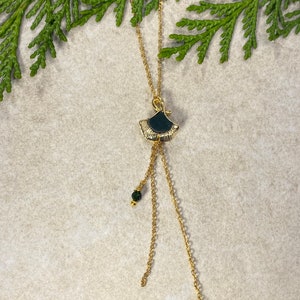 Ginkgo green and gold sautoir necklace stainless steel chain gingko leaf charm. Boho jewelry. Handmade jewelry for women.