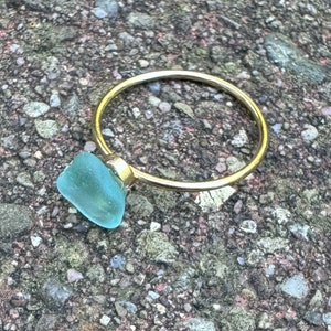Gold blue sea glass ring