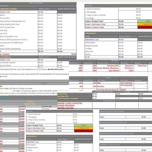 Könnte beinhalten: Eine Tabellenkalkulation mit einer Budgetübersicht für ein Hausbauprojekt. Die Tabellenkalkulation enthält Abschnitte für Vorlaufkosten, Baustellenfreimachung, Fenster, Türen, Geräte und eine Gesamtprojektbudgetsumme. Die Tabellenkalkulation ist farbcodiert mit Grün für bezahlt, Gelb für fällig und Rot für überfällig.
