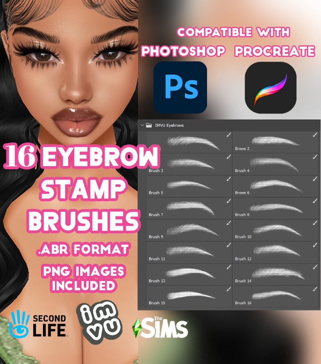 16 Eyebrow Stamp ABR Brushes for & Procreate IMVU Second Life