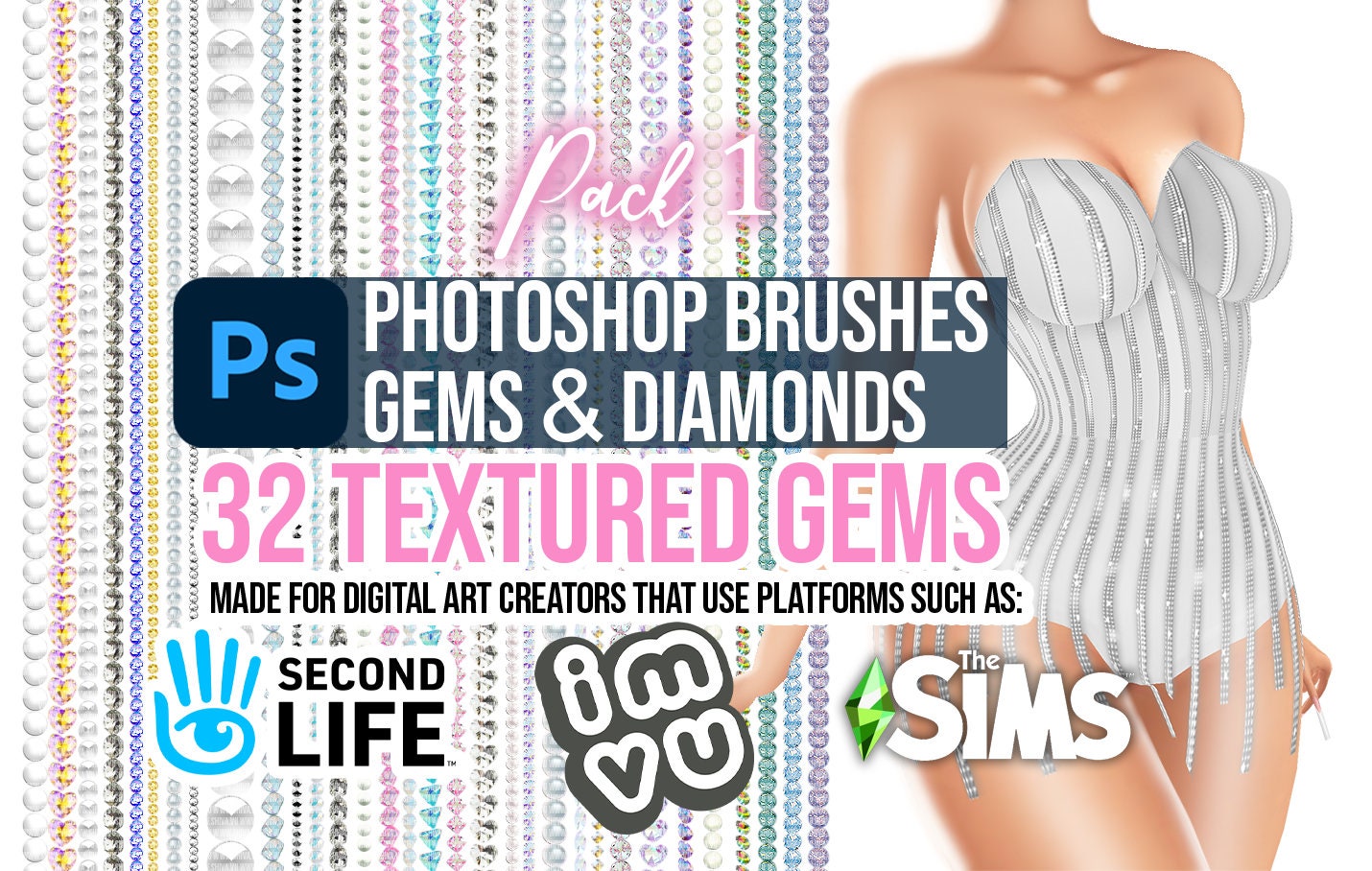 32 Gem Mixer Brushes for Photoshop – Pack 1 | Instant Diamonds, Gemstones & Rhinestones for IMVU, Second Life & Sims