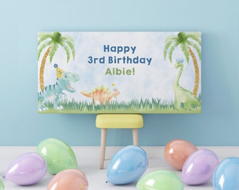Dinosaur theme children's birthday 1m x 0.5m banner. Personalisable, digital file, printable.