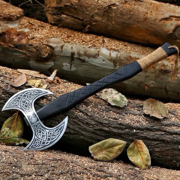 Custom Handmade Double Headed Axe Carbon Steel, Ash wood handle with Premium leather sheath, Personalization Gift, Best gift for Men