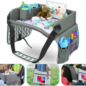 Kids Travel Tray Car Seat Travel Tray Toddler Travel Essentials Activity Tray Table Travel Organizer Waterproof Surface Dry Erase Board Gray