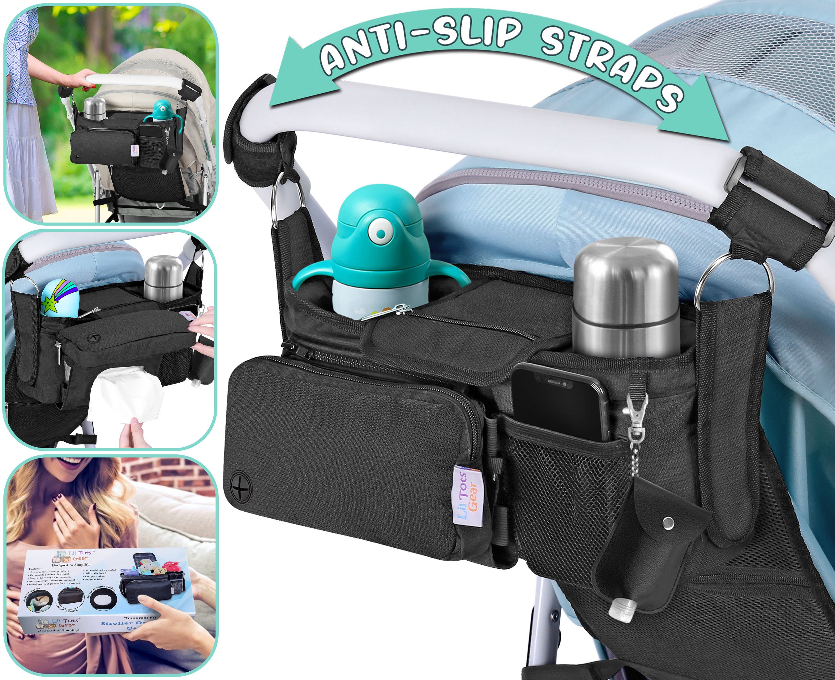 Stroller Organizer Caddy with Detachable Pacifier Holder Case Bundle with Matching Diapers and Wipes Dispenser Tote Black Crocodile 