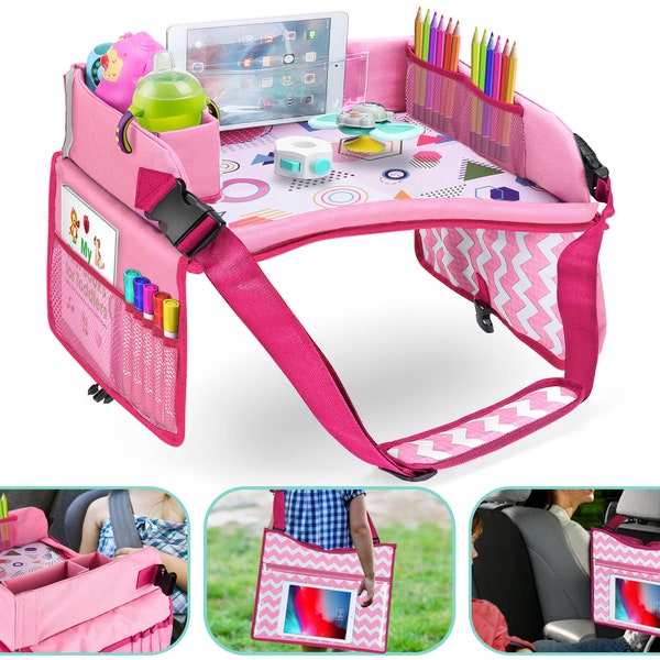 Kids Travel Tray Car Seat Travel Tray Toddler Travel Essentials Activity Tray Table Travel Organizer Waterproof Surface Dry Erase Board Pink