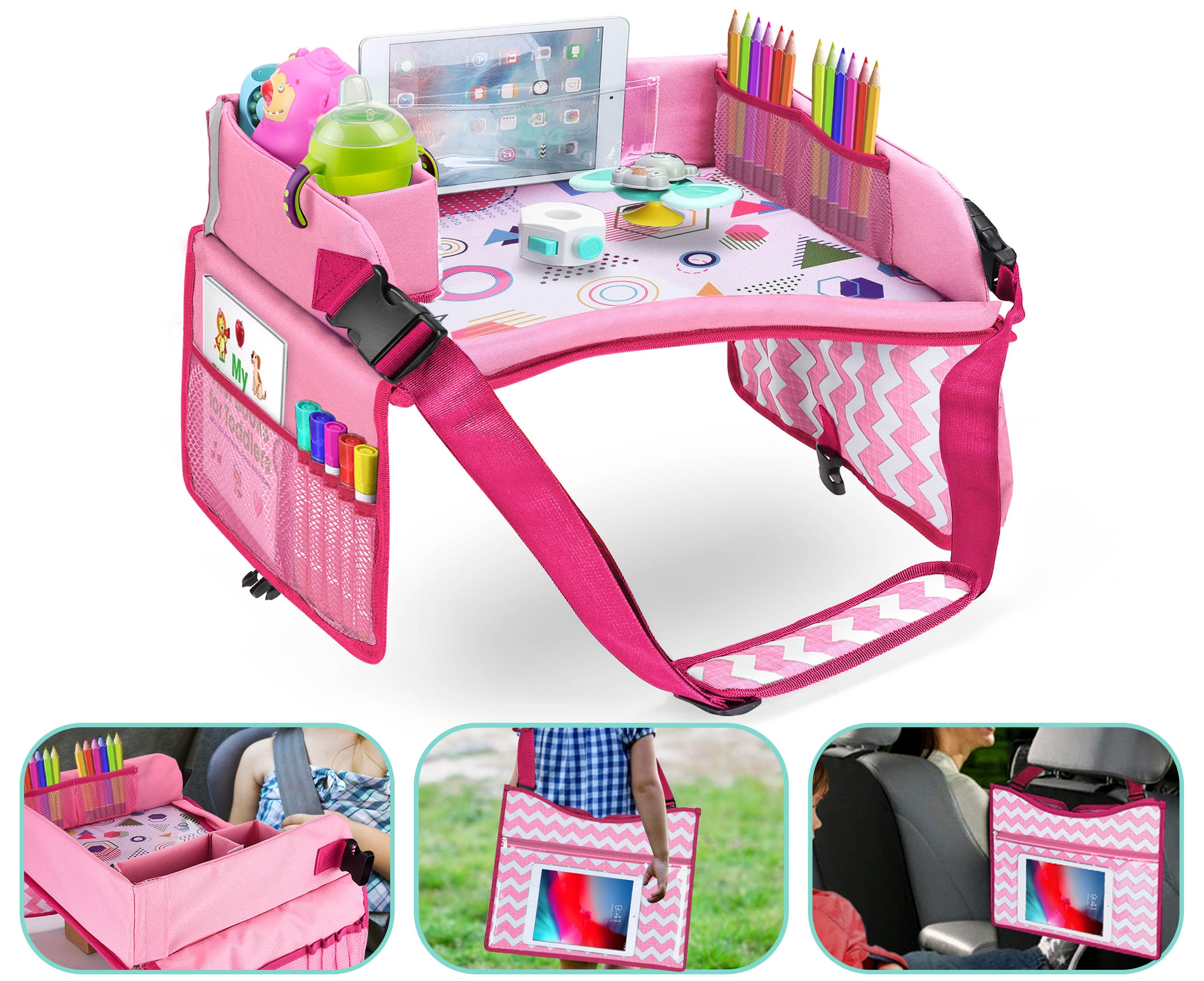 Innokids Kids Travel Lap Tray Children Car Seat Activity Snack and Play Tray Desk with Erasable Surface iPad & Tablet Holder Detachable Organizers