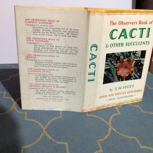 May include: The Observer's Book of Cacti & Other Succulents by S.H. Scott.  The book cover features a close-up of a red cactus flower with green leaves.  The book title is in green and white text.  The book cover is white with a yellow border.