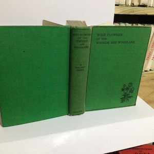 Könnte beinhalten: Ein offenes Buch mit grünem Einband, betitelt "Wild Flowers of the Wayside and Woodland: A Pocket Guide". Der Titel ist in schwarzer Schrift. Auf der rechten Seite befindet sich ein Blumenmuster.