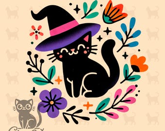 Cat Witch PNG, Halloween PNG, Black Cat, Cute Halloween, Fall PNG, Digital Download