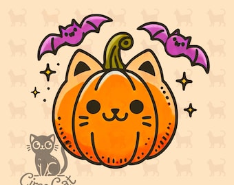 May include: A cute orange pumpkin with a cat face and a black outline. Two purple bats with white eyes are flying above the pumpkin. The background is a light beige with a pattern of small black cats.