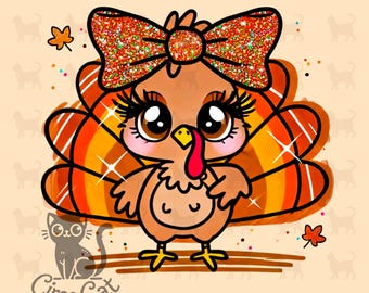 Cute Turkey PNG, Thanksgiving PNG, Fall, Cute Fall, Sparkly, Coquette Bow PNG, Digital Download